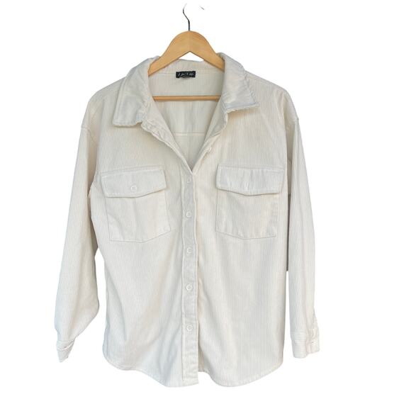 J for Justify Corduroy Button Down Shirt Ivory Cream Long Sleeve Size M - Picture 2 of 7